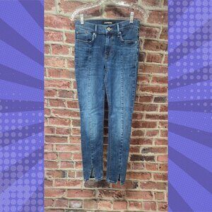 Express Denim Leggings Women’s Size 2L Mid Rise Blue Jeans with Hem Slit Stretch
